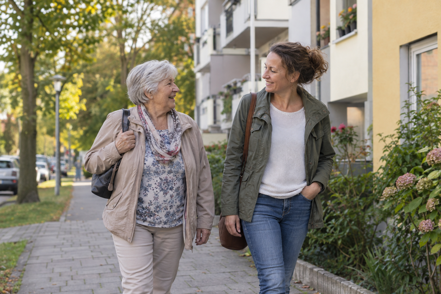 Ältere Frau geht mit einer erwachsenen Angehörigen nahe einem bayerischen Wohnhaus spazieren